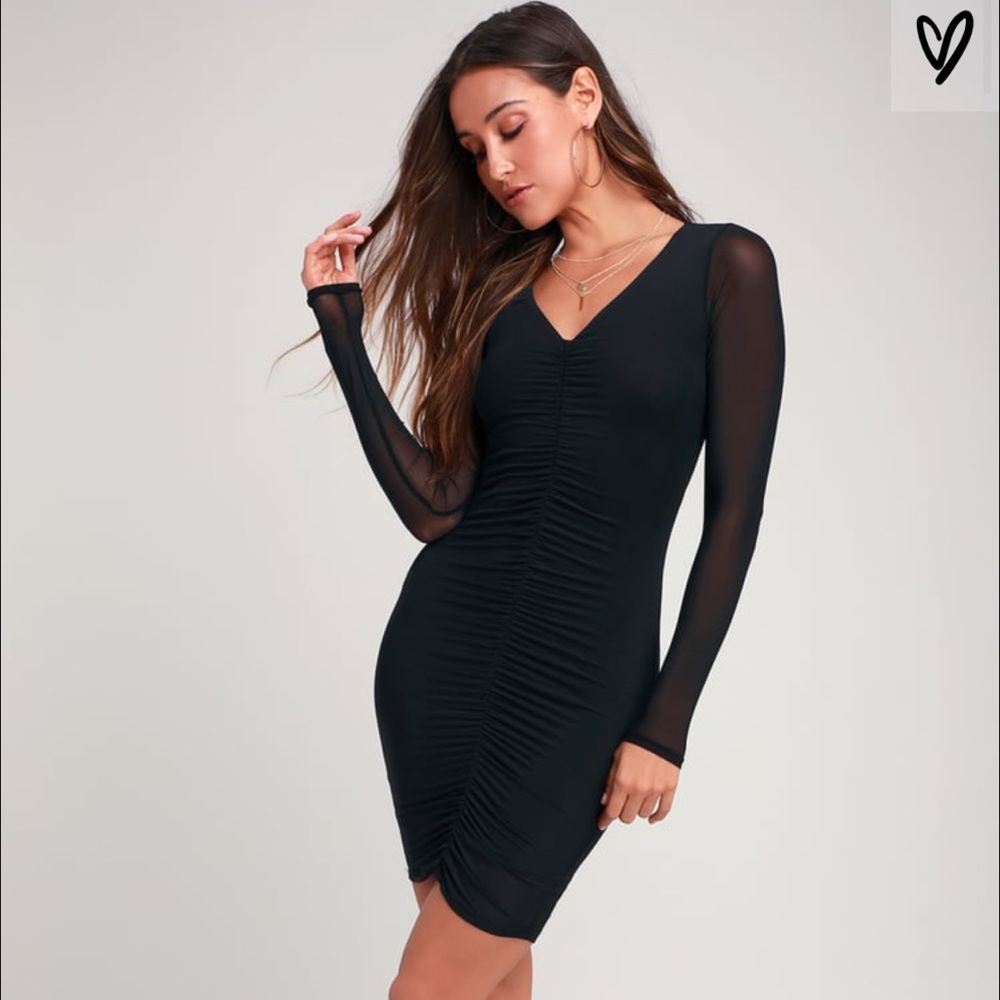 NWOT Lulus Adore Me Black Mesh Ruched Long Sleeve Black Bodycon Dress : M Medium
